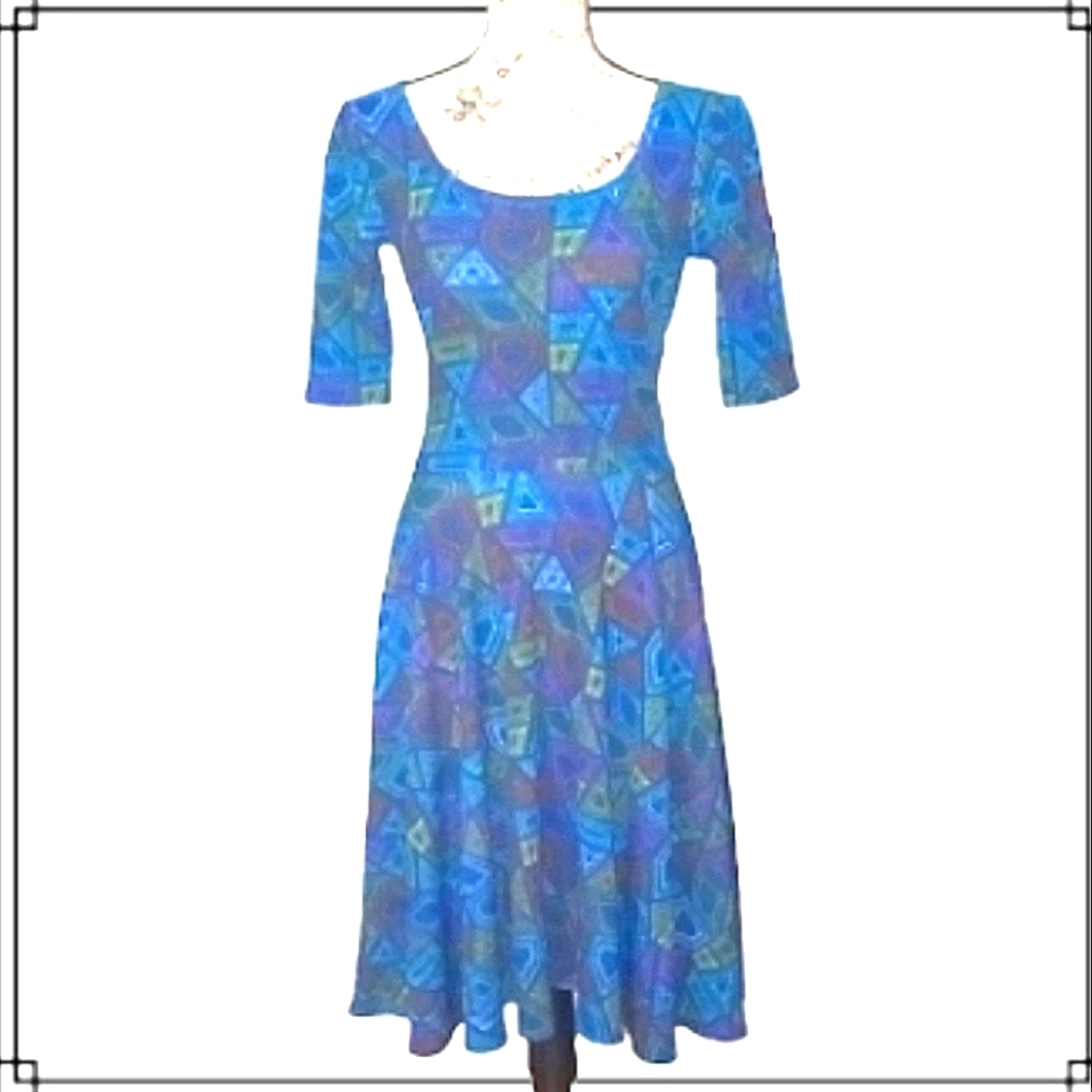 LulaRoe Nicole Blue Geometric Print Midi Dress Size XS